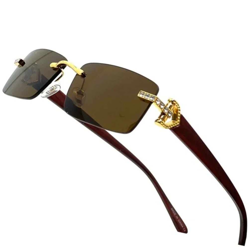 Rhinestone Sunglasses Rimless Rectangle Brown Lens Marble Fashion Shades Men New